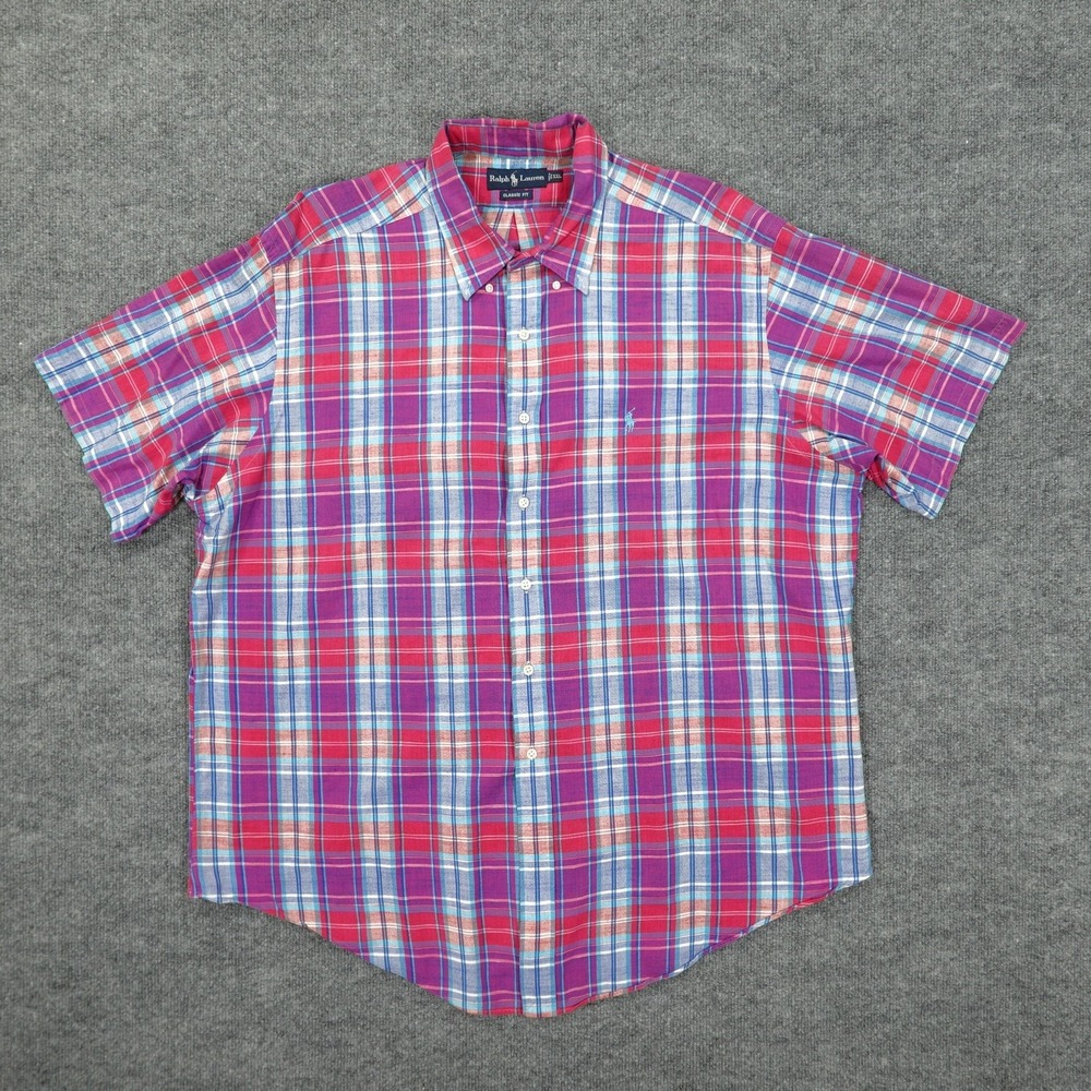 Vintage Ralph Lauren Shirt Mens 2XL Plaid Red Blue Button India Madras Classic